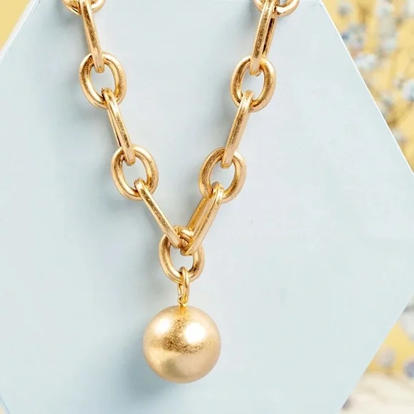 Zara Ball and Chain Matte Textured Gold Pendant Oval Circle Link Necklace Metal